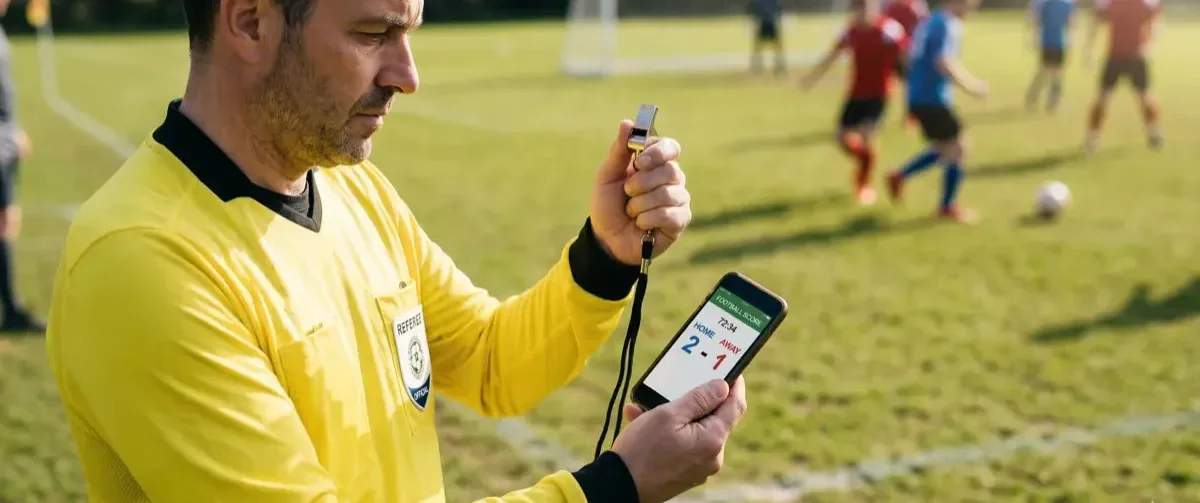 Arbitre amateur saisissant un score de match sur son telephone en bord de terrain