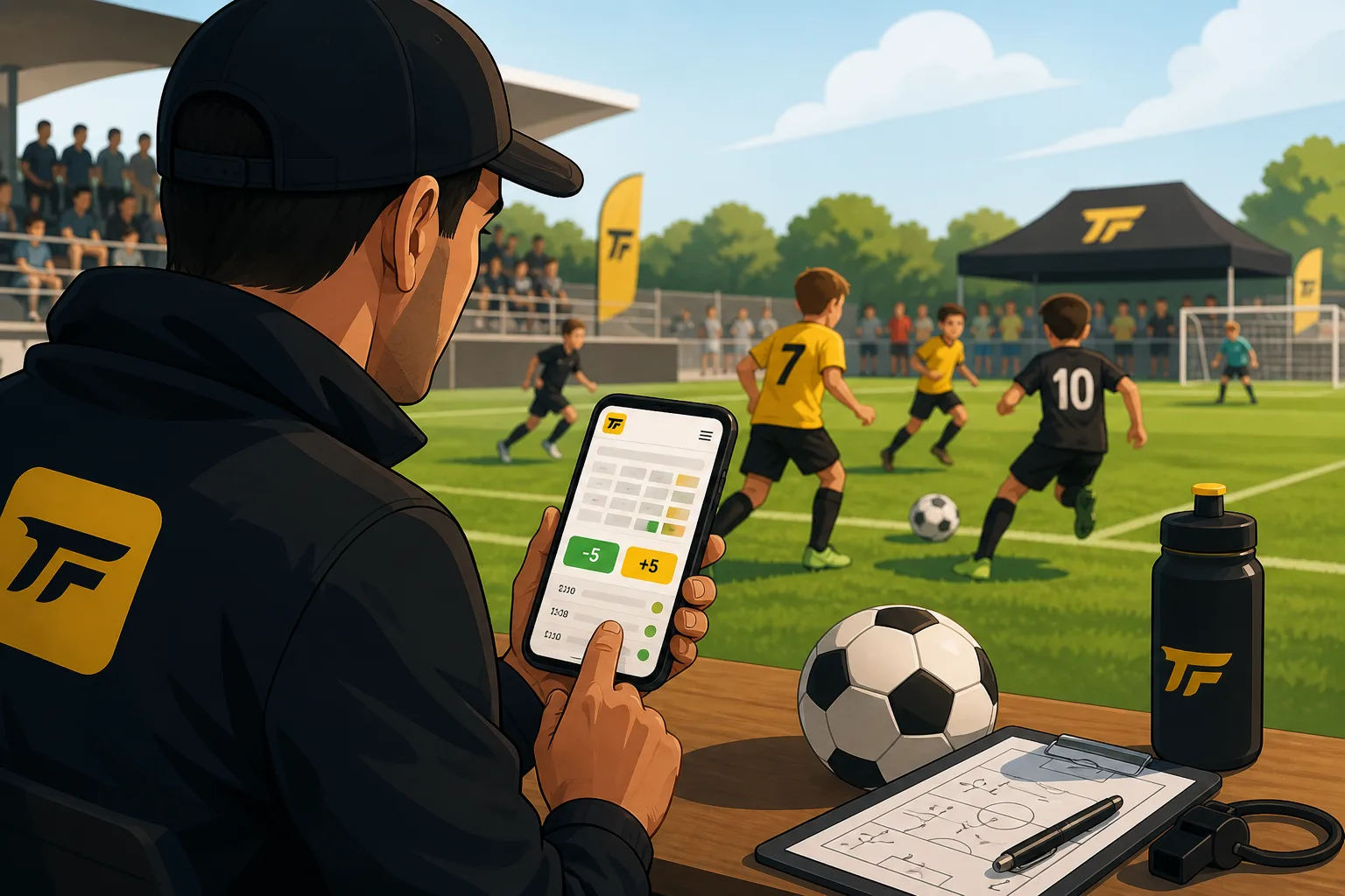 Organisateur de tournoi de foot regardant son téléphone au bord du terrain pour décaler les horaires en direct