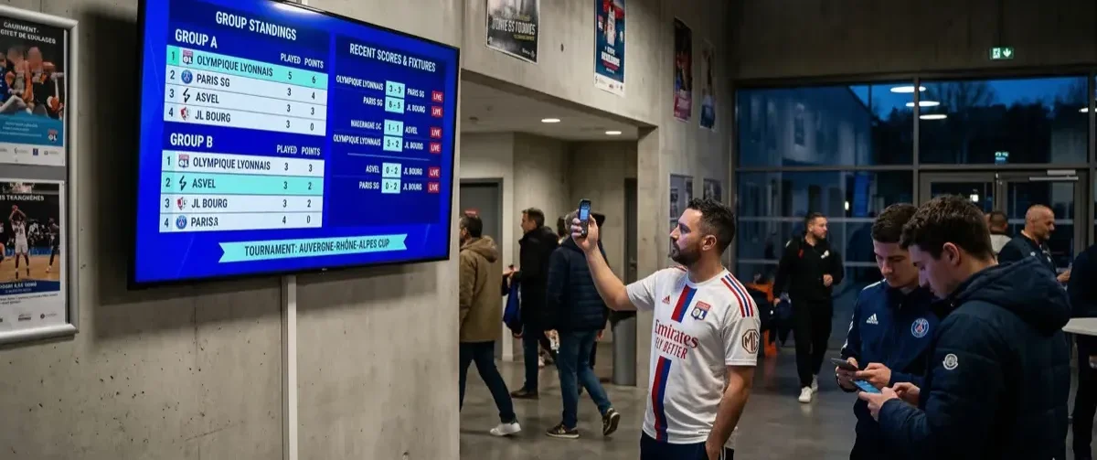 Ecran de diaporama affichant les scores en direct d'un tournoi de football