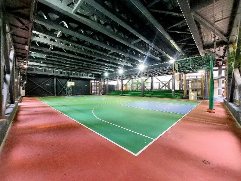 Terrain de basket-ball couvert avec panneaux et marquages au sol