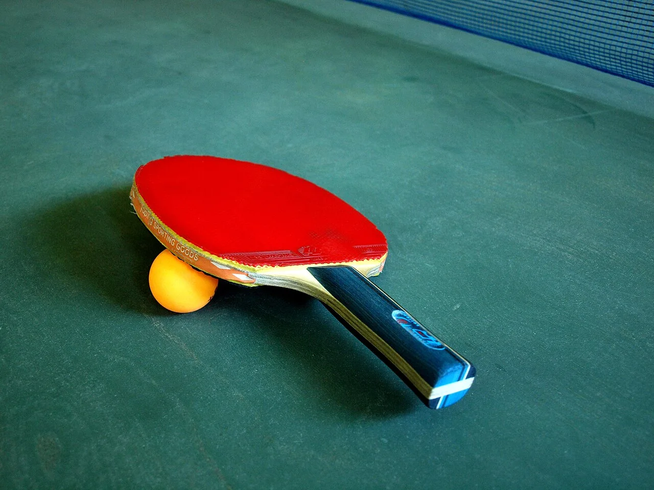 Raquette rouge et balle de tennis de table devant le filet